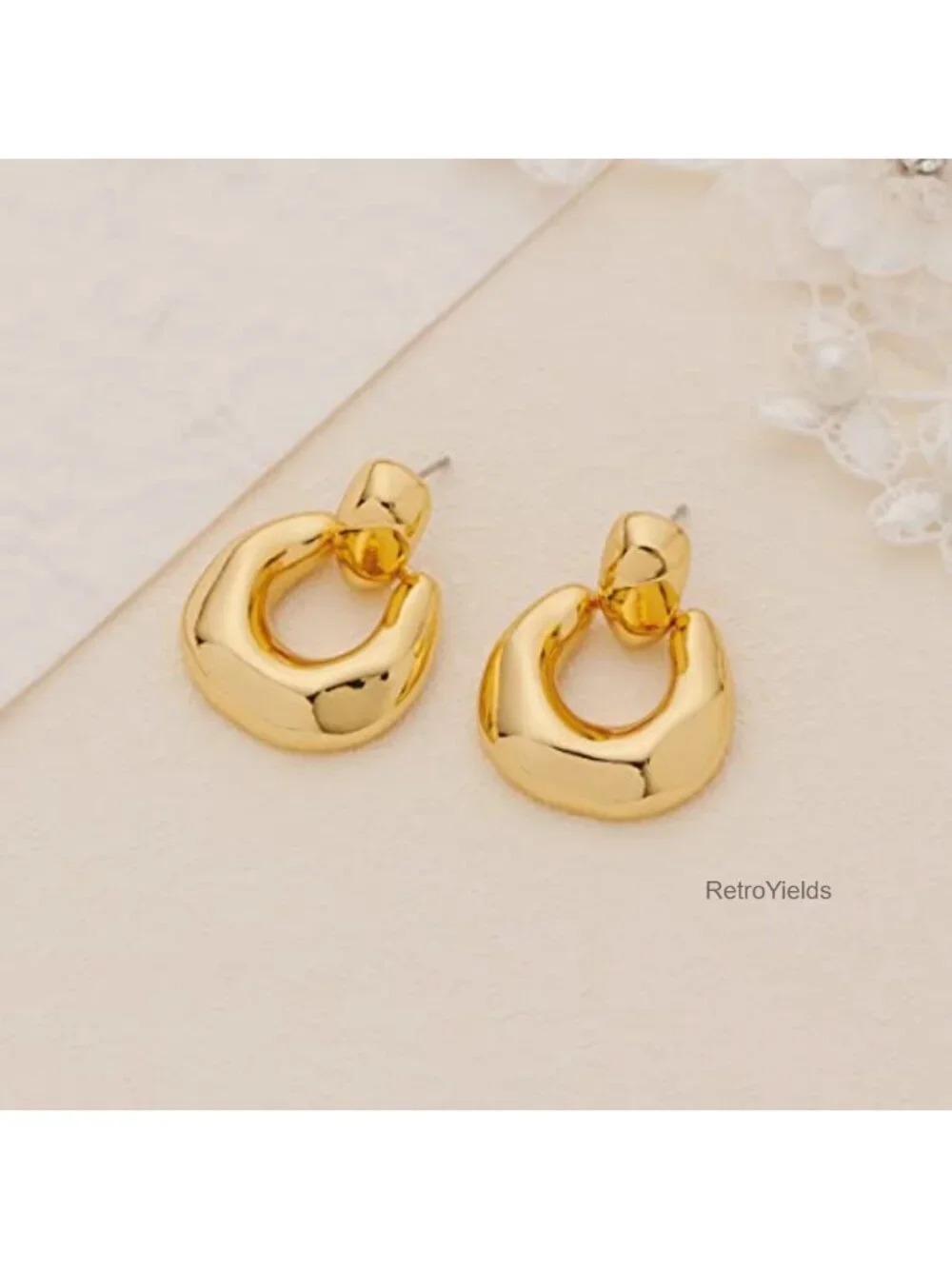 Chunky Statement Door Knocker Dangle Earrings Women Gold Tone Metal